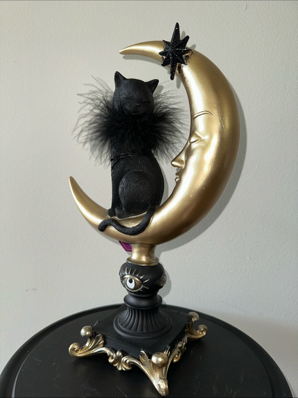 Gold Crescent Moon Cat Figurine with Black Fur Collar - Decorative Home Accent